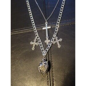 Handmade Layered Gothic Cross Chain Necklace Anatomical Heart Unisex Steampunk